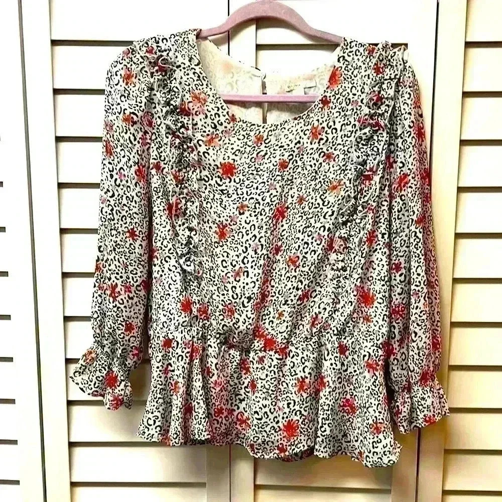 Cato Leopard Print Floral Ruffle Top Size Large